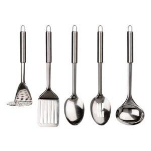 5pc Stainless Steel Utensil Set,Kitchen Tools With Solid Spoon, Slotted Spoon, Ladle, Masher & Turner