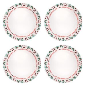 XM6290-PK2 Set of 4 Joy Range Porcelain Christmas Dinner Plates  Festive Holly, Mistletoe & Reindeer Table Decor
