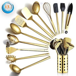 Gold Cooking Utensils Set, Berglander Stainless Steel 13 Pieces Kitchen Utensils Set With Titanium Gold Plating, Kitchen Tools Set With Utensil Holder