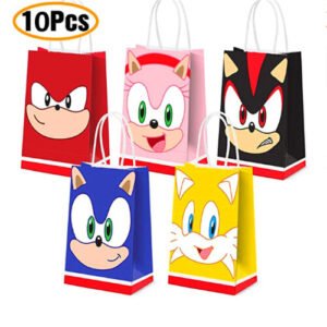 (Paper Bag 5 Colors 10PCS) Sonic Birthday Party Supplies Set Cake Topper Banner Cups Plates Balloons Decor
