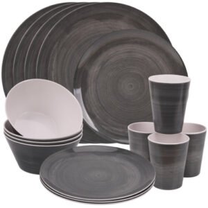 (Black Swirl Design) 16pcs Melamine Dinner Set Plates, Dessert Plates, Bowls & Cups Party Service for 4 People Dinnerware for Indoor Outdoor, Picnic, Camping