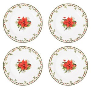 Set Of 4 Plates Christmas Holly Porcelain Festive Dinner Setting Xmas