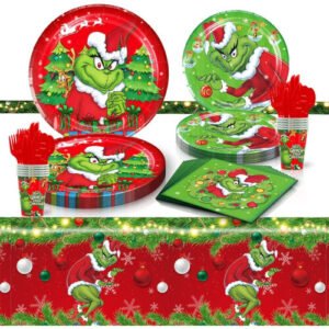 81 PCS Christmas Party Tableware Decorations The Grinch Themed Table Supplies Set Merry Christmas Table Supplies Party Paper Plates Napkins Cups