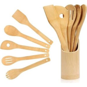6 Piece Wooden Spoons Set with Holder Wood for Non-Stick Pots