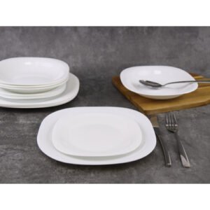 (Hudson - Square, 12 piece) 12/24 White Glass Dinner Set Small Plate Soup Bowl