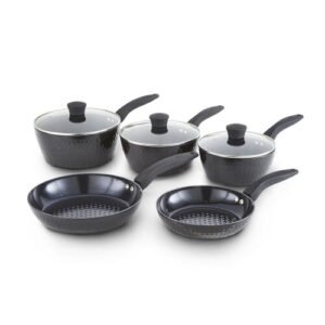 Tower T900130 Diamo 5 Piece Cookware Set 18cm 20cm 22cm Saucepans Tempered Glass Lids, 20cm 24cm Frying Pans Black