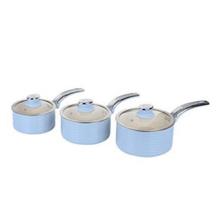 Swan SWPS3020BLN Retro Induction Saucepan Set With Glass Lids, Non Stick Ceramic Coating, Easy to Clean, Blue, 3 Piece, 16/18/20 cm