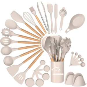 Silicone Kitchen Utensils Set, 28pcs Silicone Kitchen Cooking Utensils Set, Kitchen Tools Spatula Set with Holder for Nonstick Heat Resistant Cookware