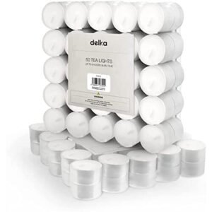 delka 8 Hour Tea Light Candles, 50 Pack, Long Burning Time, Unscented Tea Lights - White
