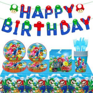 (82Pcs Set 1) Mario Super Birthday Party Tableware Decorations Paper Plate Tablecloths