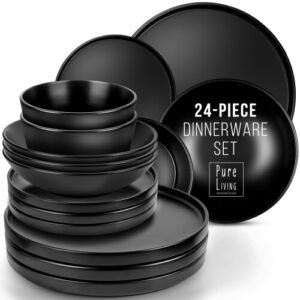 Manhattan Urban Elegance - 24-Piece Black Stoneware Dinner Set for 6 - Matte Black Dinnerware with Dinner Plates Set of 6