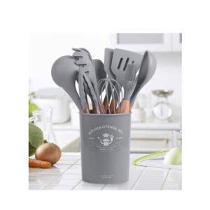 AWH Nonstick 11 Pcs Silicone Kitchen Utensils Set With Wooden Handle and Storage Bucket - Silicone Cooking Utensils Set  (Gray)