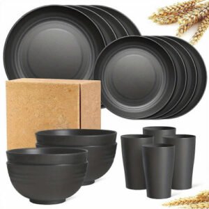 (Black, One size) 16pcs/set Unbreakable Dinner Plates, Supernal Wheat Straw Dinnerware Sets, Microwave Dishwasher Safe, Reusable Dinnerware, Black Set 8pcs Plates, 4pcs