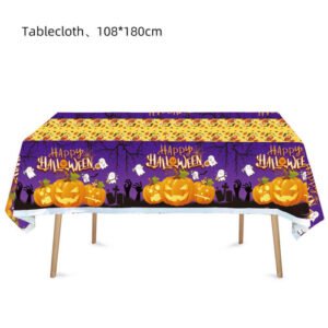 (Tablecloth) Halloween Cute Theme Party Supplies Tableware Set Plates Tablecloth Cups Napkins