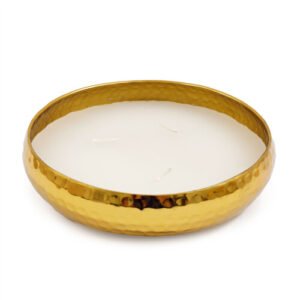 Round Gold Metal Display Bowl with Candle | 3 Wick Vanilla Scented Candle & Holder | Vanilla Fragrance - 16cm