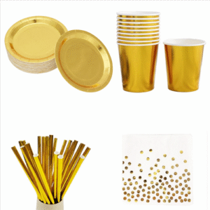 Gold Disposable Tableware Set Paper Plates Cups Napkins