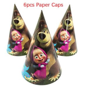 (6pcs-Paper Caps) And The Masha Bear Theme Birthday Party Supplies Disposable Tableware Decoration