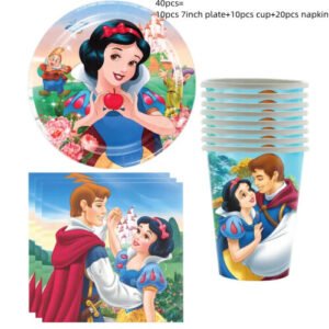 (Set 40pcs) Disney Princess Snow White Birthday Party Decorations Supplies Disposable Tableware Sets Girl Party Cups Plates Tablecloth Deco