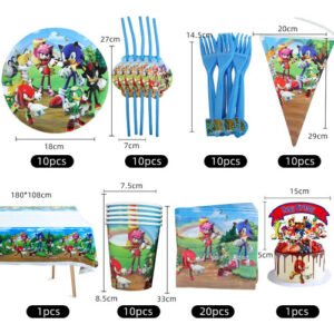 (8 PCS Set) Sonic Party Birthday Supplies Set Cake Topper Banner Cups Plates Balloons