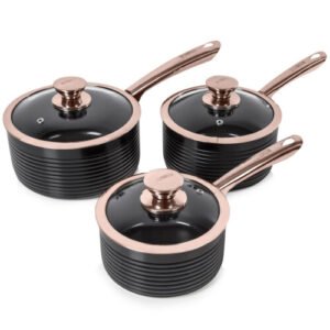 Tower 3pc Linear Non-Stick Saucepan Set | Black & Rose Gold Aluminium Pans